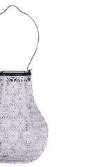 White solar hanging lamp made of plastic with delicate pattern and metal handle for outdoor lighting