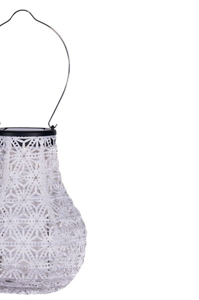 White solar hanging lamp made of plastic with delicate pattern and metal handle for outdoor lighting