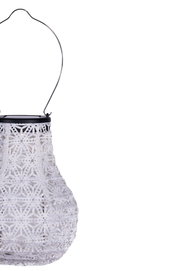 Witte solar hanglamp van kunststof met fijn patroon en metalen handvat voor buitenverlichting