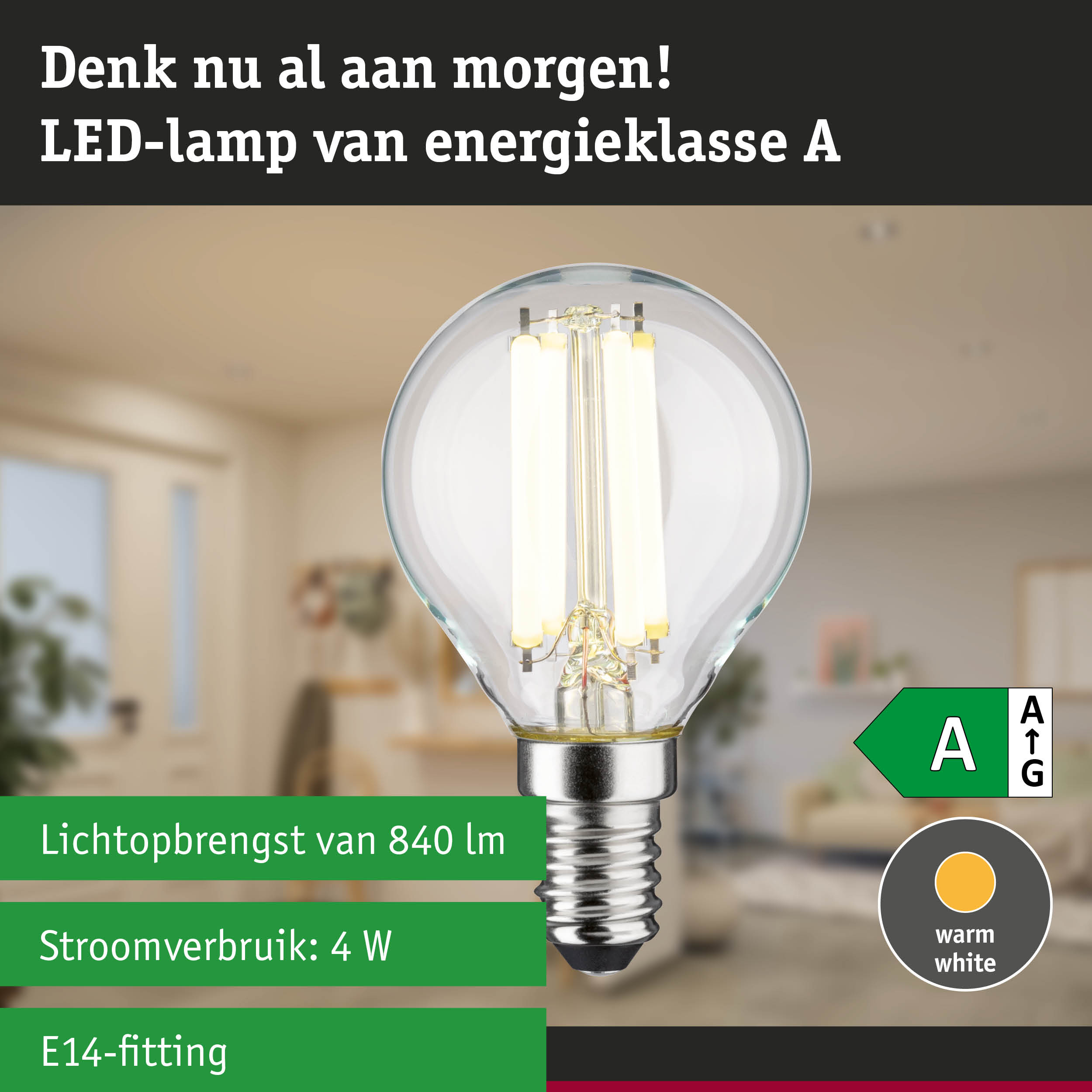 Transparante LED-lamp met neutraal wit licht en ultra-efficiënt energieverbruik tegen groene bosachtergrond