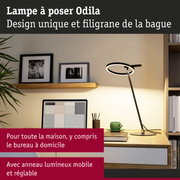 Lampe à poser Odila noire moderne avec anneau LED réglable pour bureau et maison