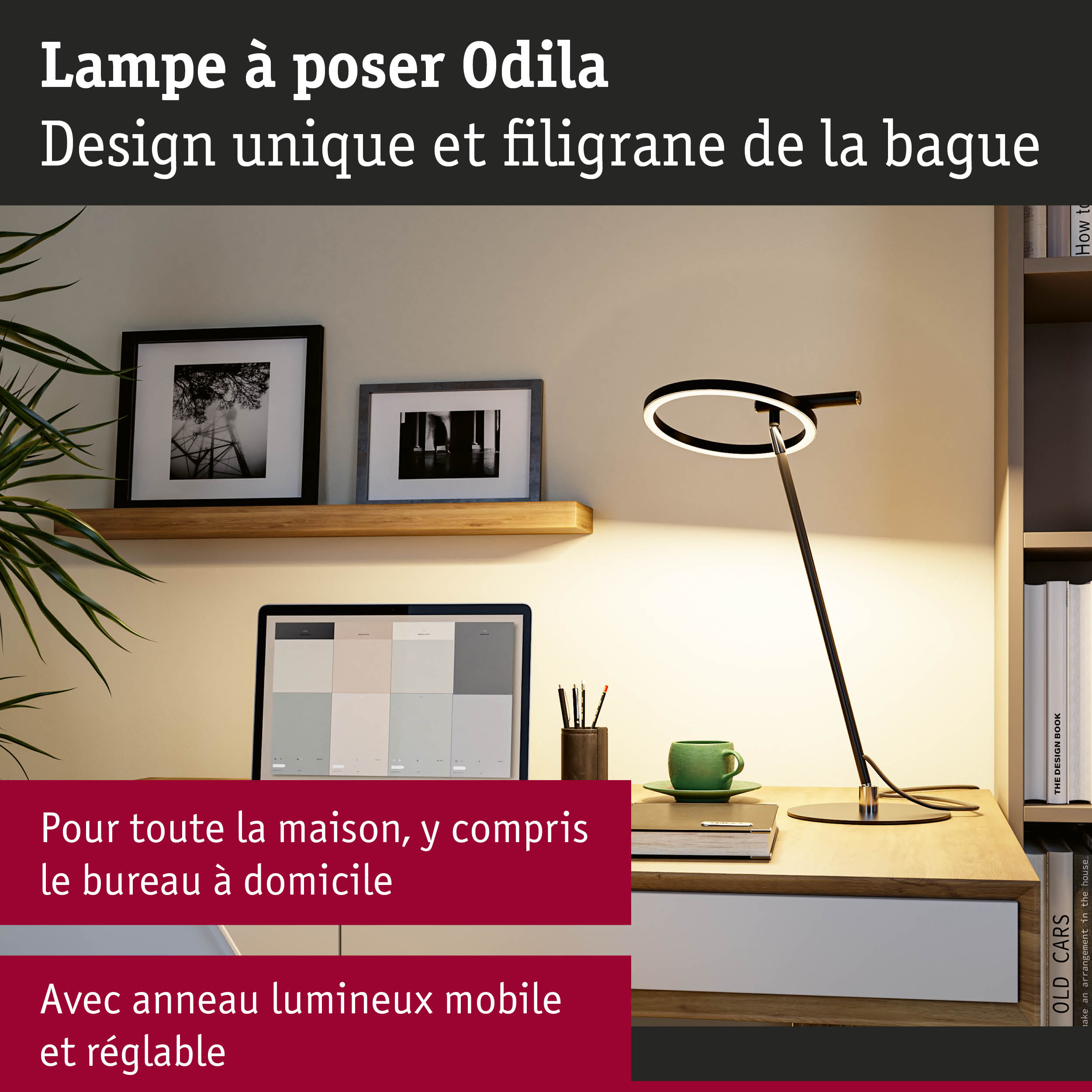Lampe à poser Odila noire moderne avec anneau LED réglable pour bureau et maison