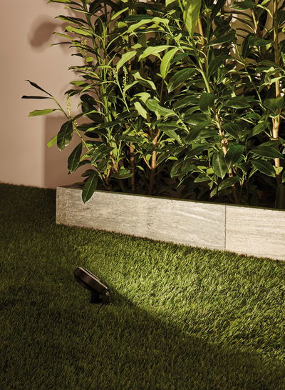 Projecteur LED de jardin noir sur herbe verte éclairant des plantes devant un mur en pierre grise