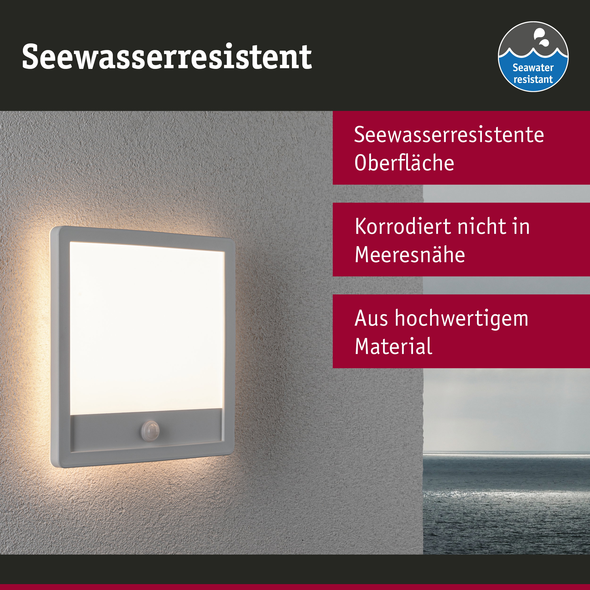 Weißes LED-Wandleuchte mit seewasserresistenter Oberfläche für Außenbereiche am Meer