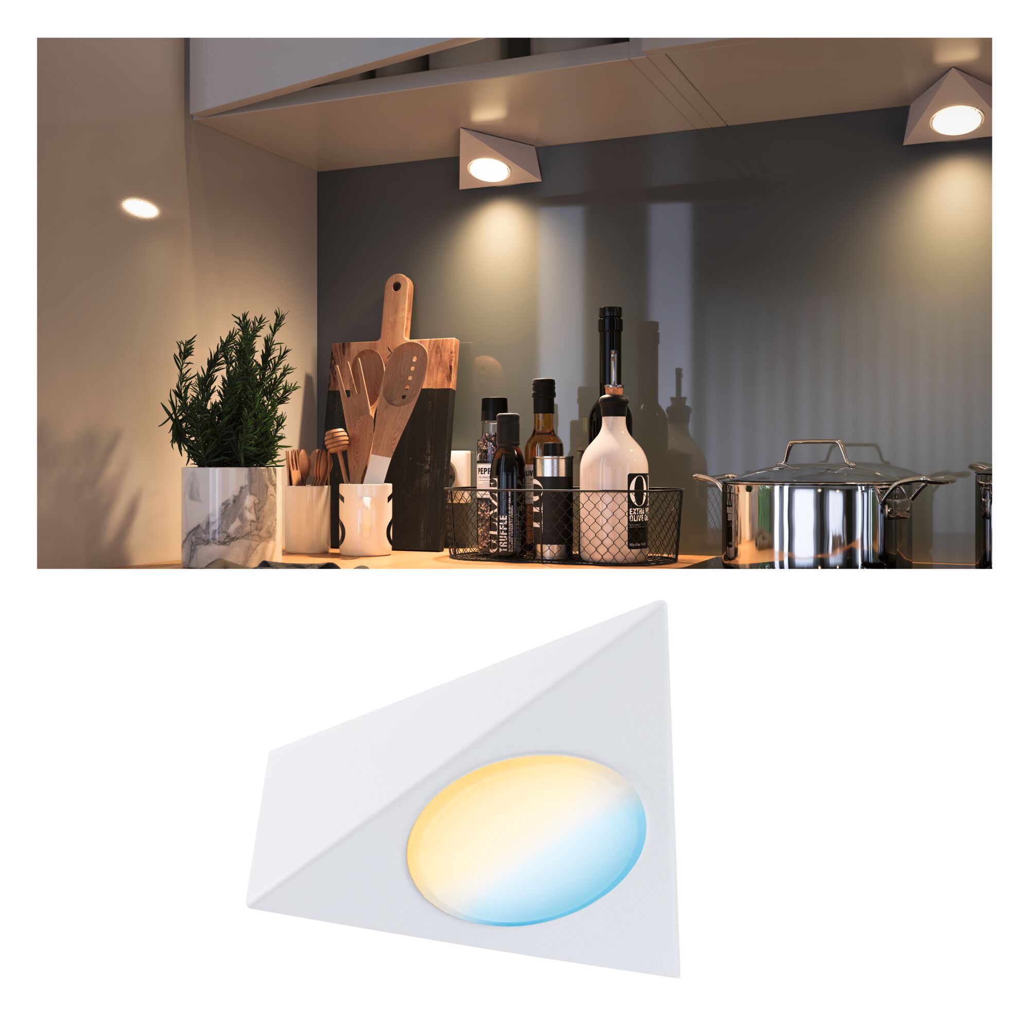 Triangular white LED under-cabinet light with warm and cool white light for kitchen lighting
