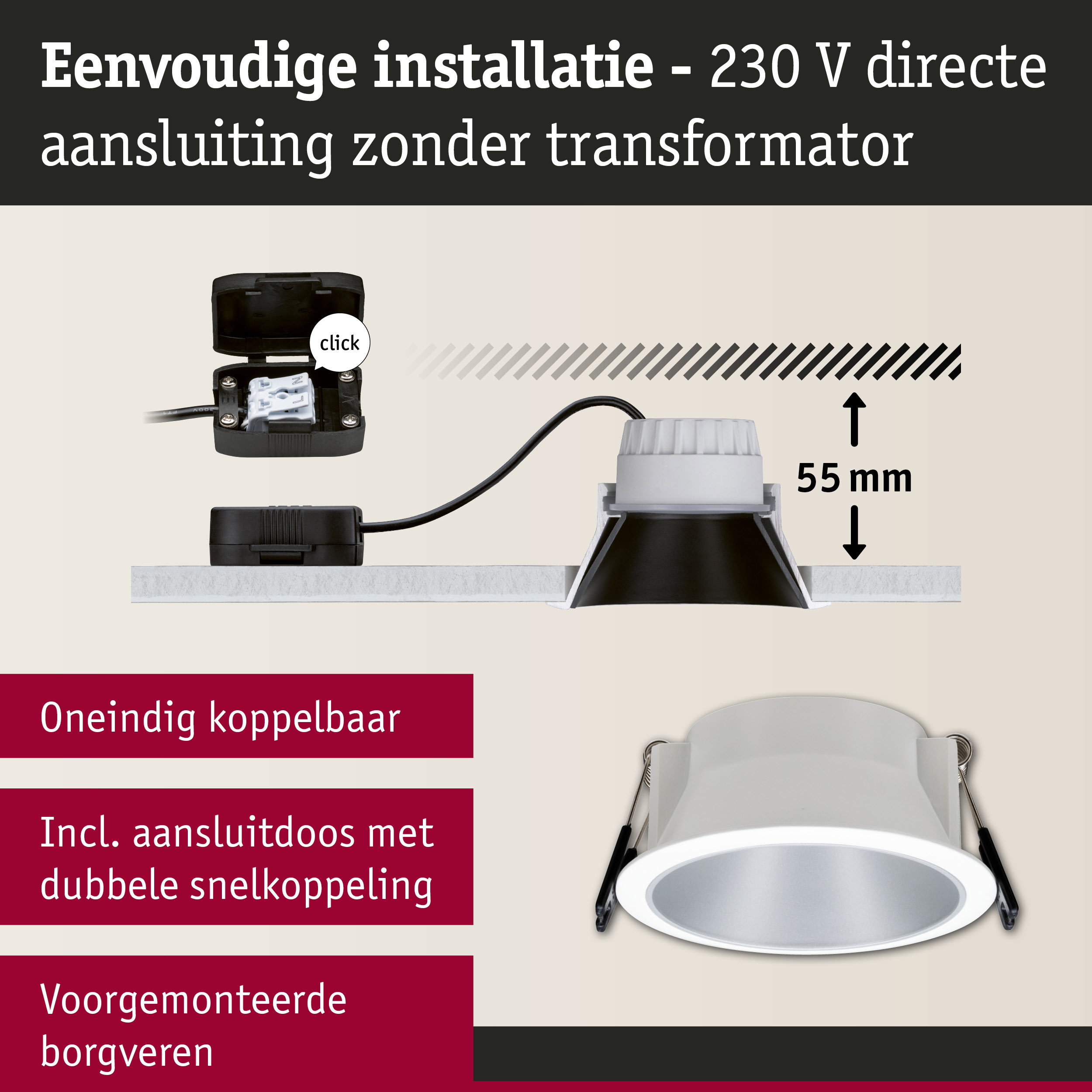 Witte inbouwspot met 55 mm inbouwdiepte en directe 230 V aansluiting zonder transformator