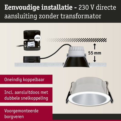 Witte inbouwspot met 55 mm inbouwdiepte en directe 230 V aansluiting zonder transformator