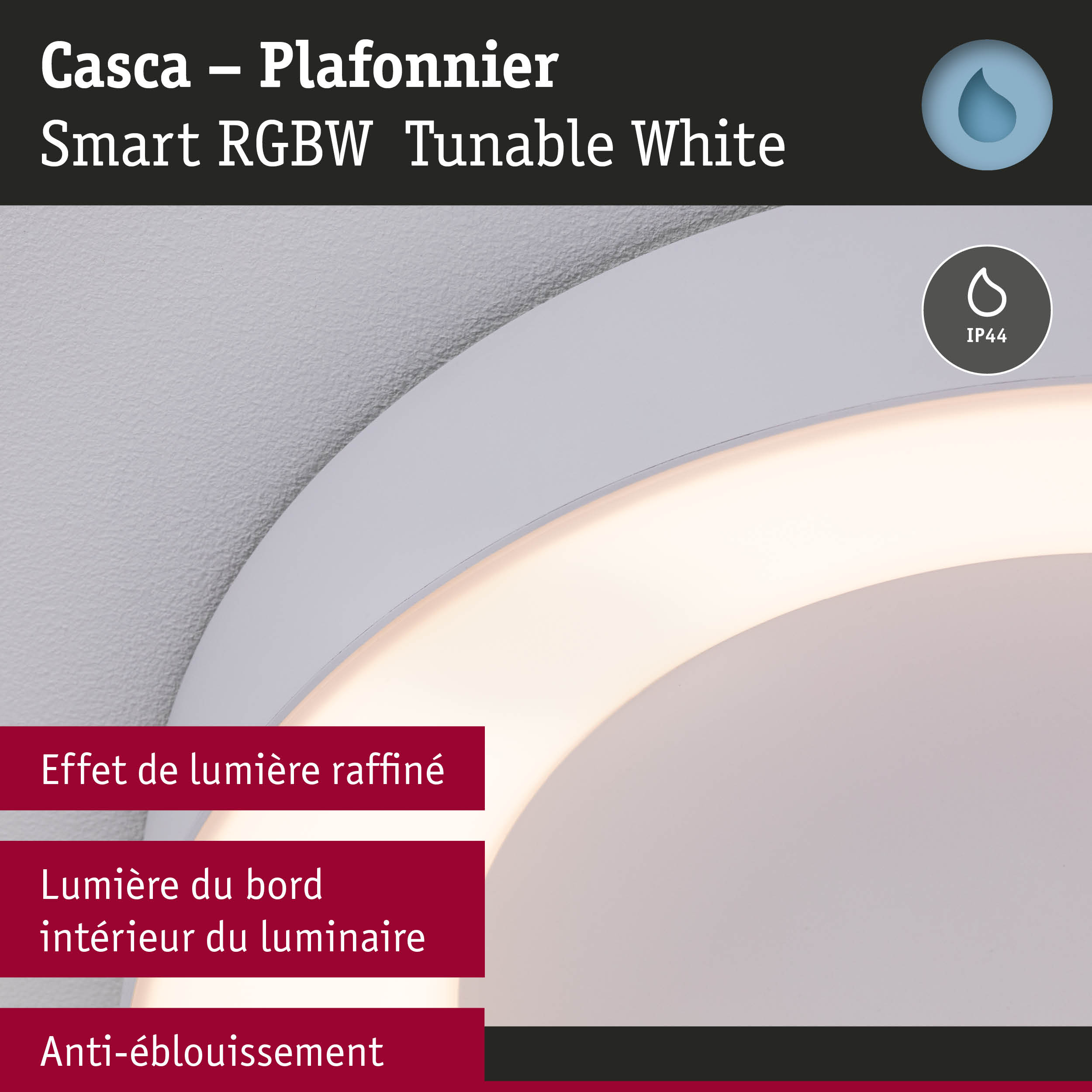Plafonnier Casca blanc avec éclairage intelligent RGBW Tunable White et indice de protection IP44