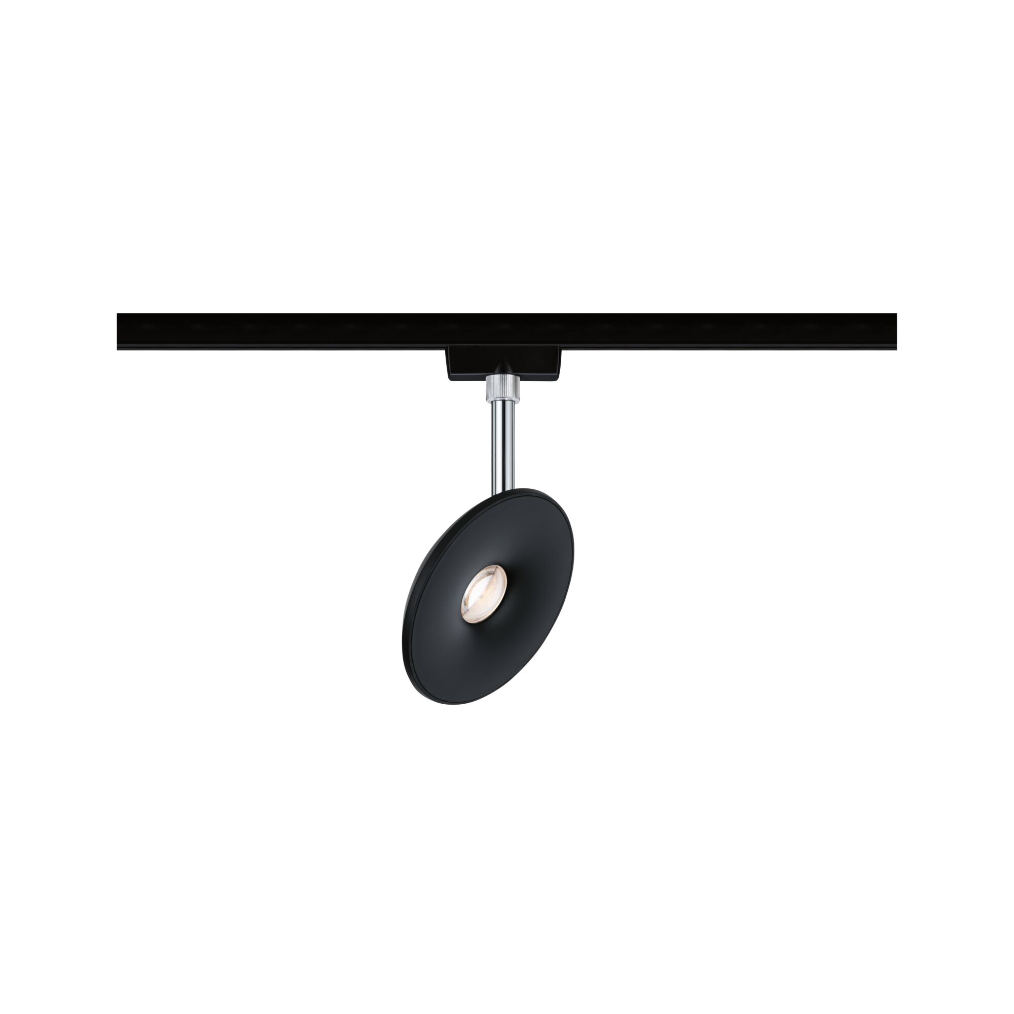 Black LED ceiling light with round reflector and chrome rod for modern interior lighting