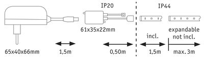 Technische Zeichnung eines Steckernetzteils mit Maßen 65x40x66mm und IP20 sowie IP44 Schutzart.