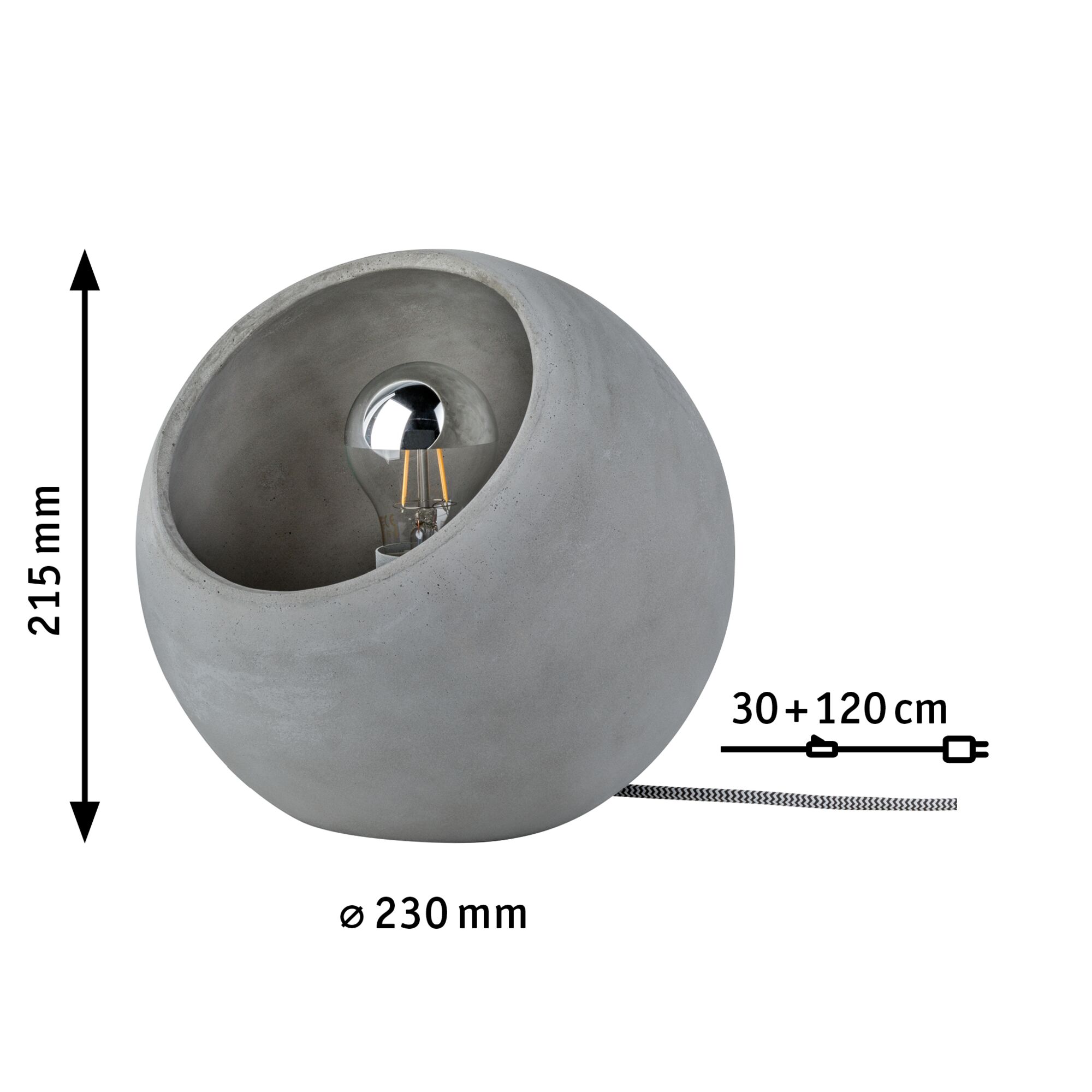 Round grey concrete table lamp with visible bulb and fabric cable, modern home lighting design