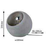 Round grey concrete table lamp with visible bulb and fabric cable, modern home lighting design