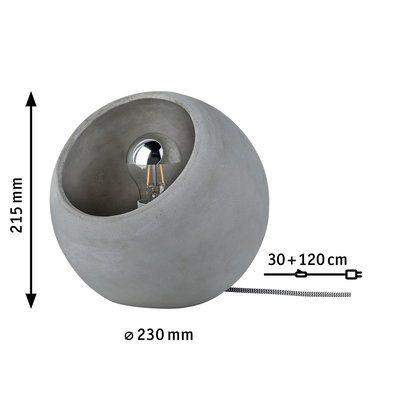 Round grey concrete table lamp with visible bulb and fabric cable, modern home lighting design