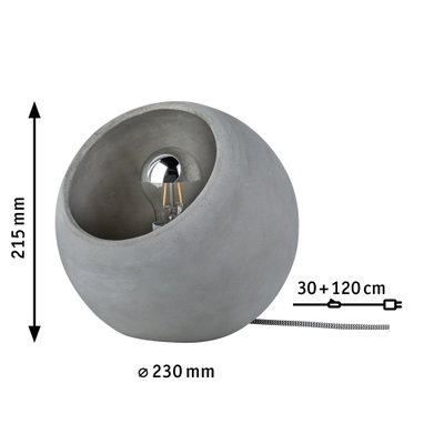 Round grey concrete table lamp with visible bulb and fabric cable, modern home lighting design
