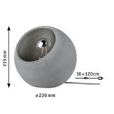 Round grey concrete table lamp with visible bulb and fabric cable, modern home lighting design