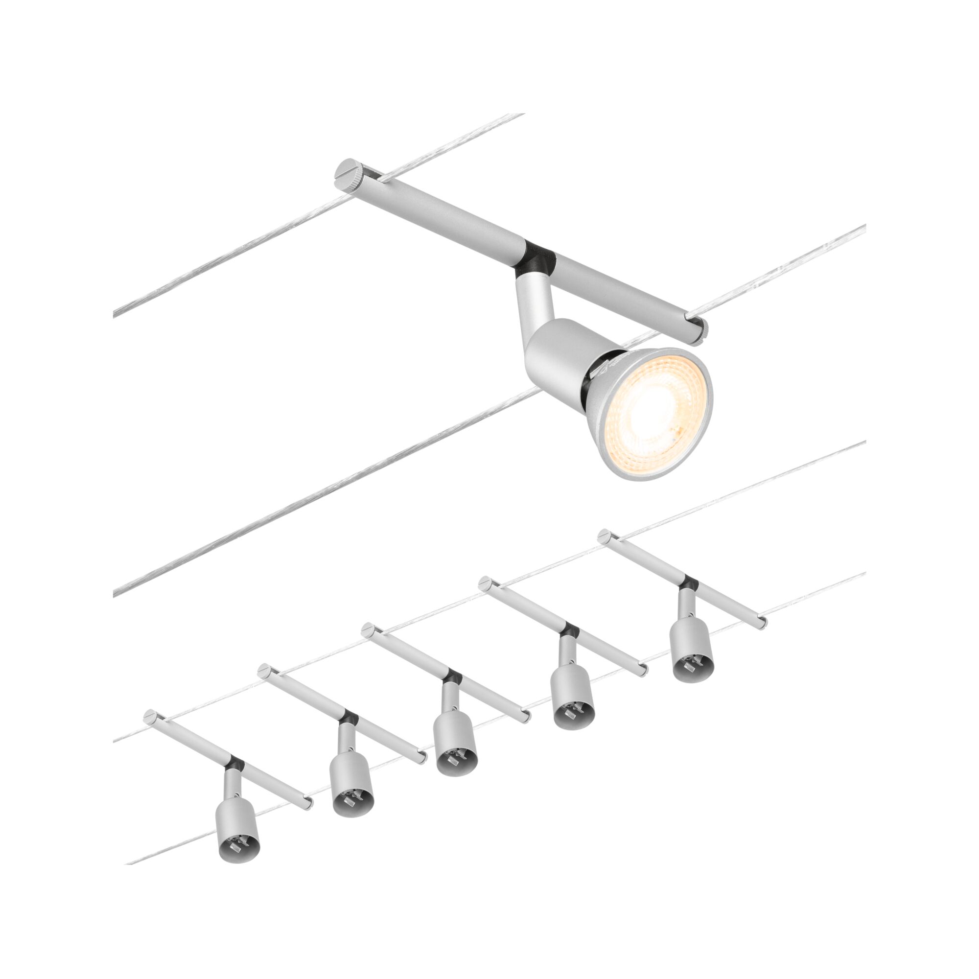 CorDuo Kabelsysteem Salt Basisset GU5,3 max. 5x10W 230/12V Chroom mat Modern kabelverlichtingssysteem met zes zilveren aluminium LED-spotlights voor flexibele verlichting