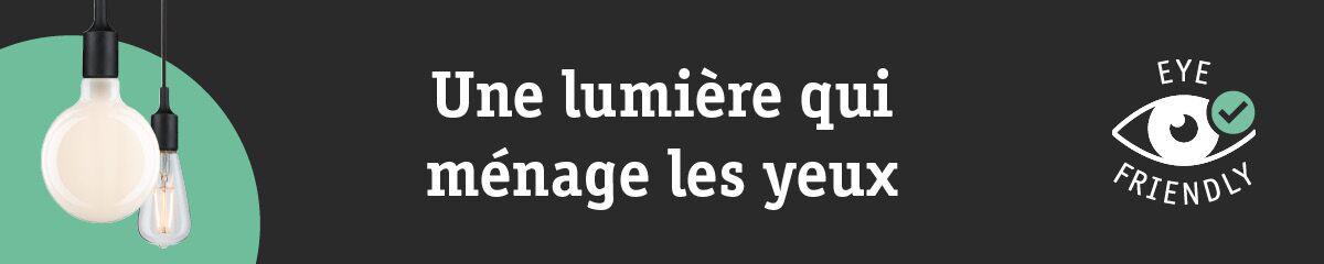 Bannière avec deux ampoules LED suspendues et texte sur l'éclairage respectueux des yeux