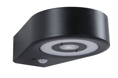 Black metal LED wall light with motion sensor for outdoor use and modern lighting solutions