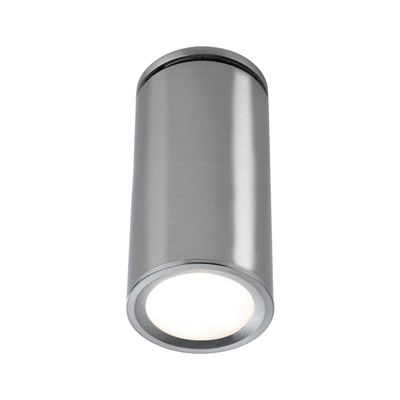 Modern ceiling spotlight in brushed stainless steel with round design and warm white LED light.