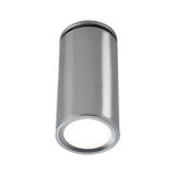 Modern ceiling spotlight in brushed stainless steel with round design and warm white LED light.