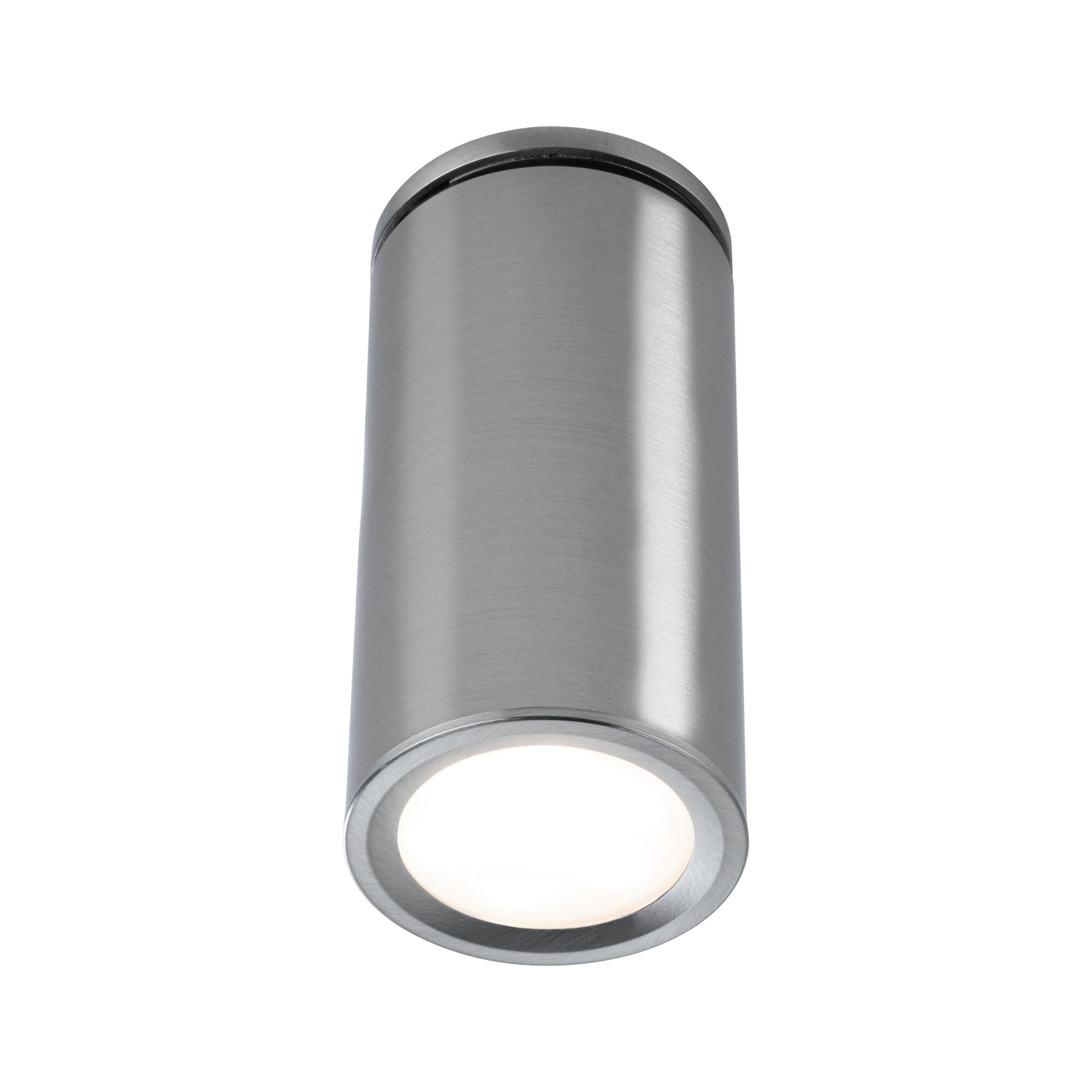 Modern ceiling spotlight in brushed stainless steel with round design and warm white LED light.