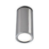 Modern ceiling spotlight in brushed stainless steel with round design and warm white LED light.