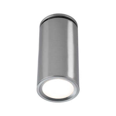 Modern ceiling spotlight in brushed stainless steel with round design and warm white LED light.