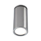 Modern ceiling spotlight in brushed stainless steel with round design and warm white LED light.