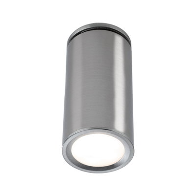 Modern ceiling spotlight in brushed stainless steel with round design and warm white LED light.