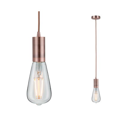 Pendant lamp with copper metal housing and clear bulb for modern home lighting design