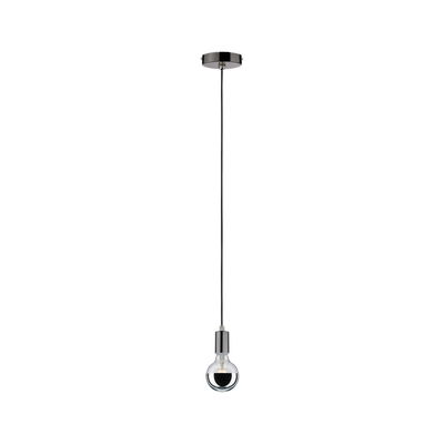 Modern pendant light with black cable and chrome socket, energy-saving LED bulb included.