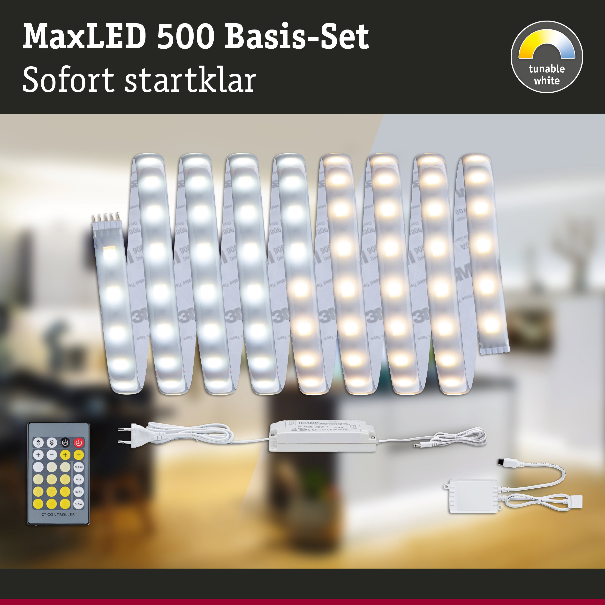 MaxLED 500 Basis-Set mit dimmbaren weißen LED-Streifen, Fernbedienung und Netzteil für flexible Lichtgestaltung