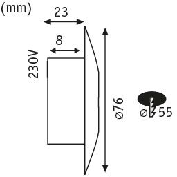 Technical drawing of a round LED recessed spotlight with 76 mm diameter and 230V connection.