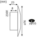 Technical drawing of a round LED recessed spotlight with 76 mm diameter and 230V connection.