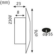 Technical drawing of a round LED recessed spotlight with 76 mm diameter and 230V connection.