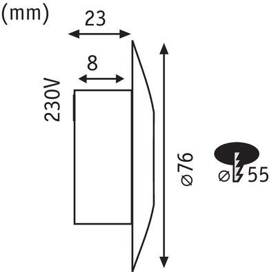 Technische Zeichnung eines runden LED-Einbaustrahler mit 76 mm Durchmesser und 230V Anschluss.