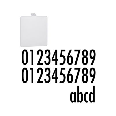 White square plastic sign with black numbers and letters in modern font style