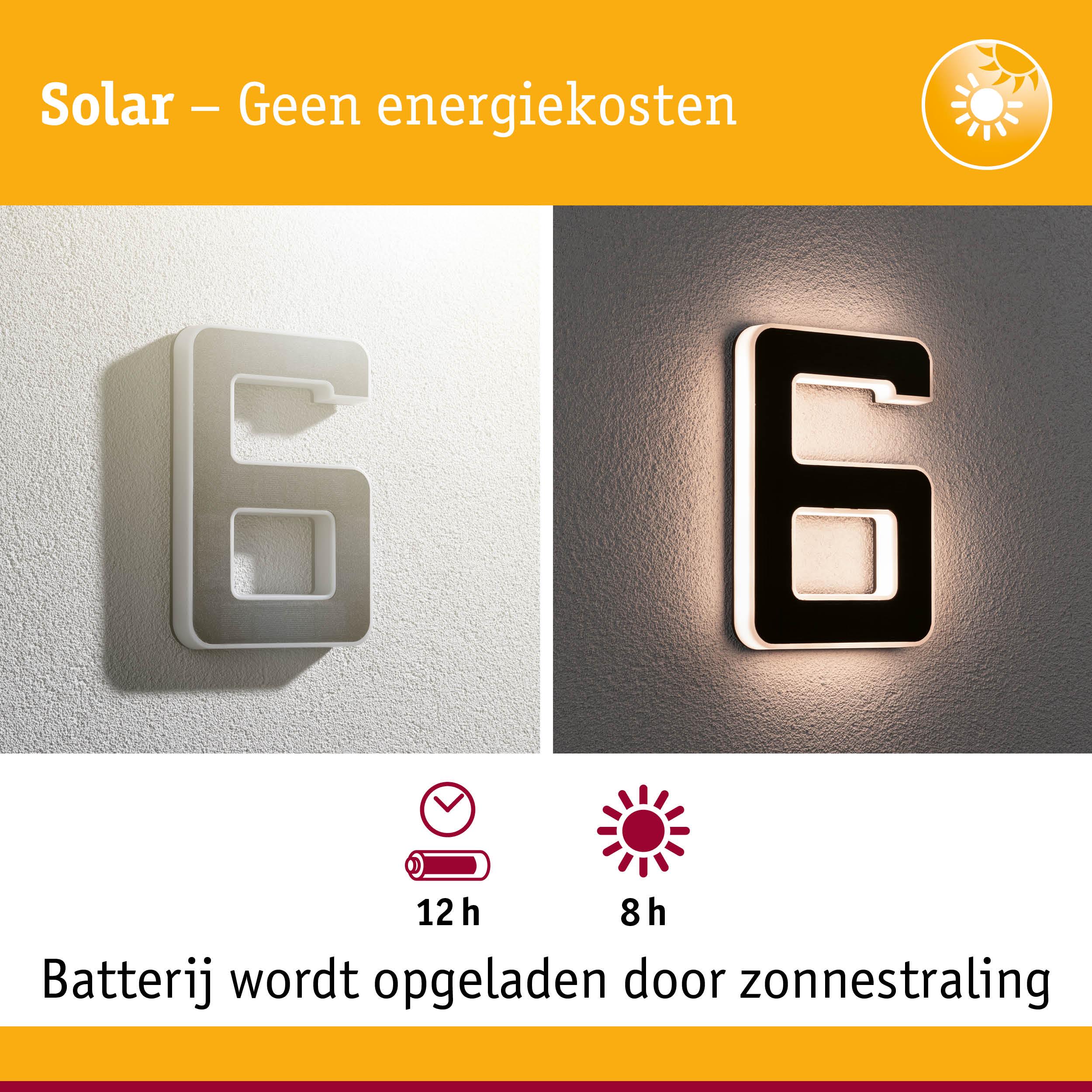 Zonne-energie huisnummer 6 met witte behuizing en LED-verlichting, energiezuinige buitenlamp