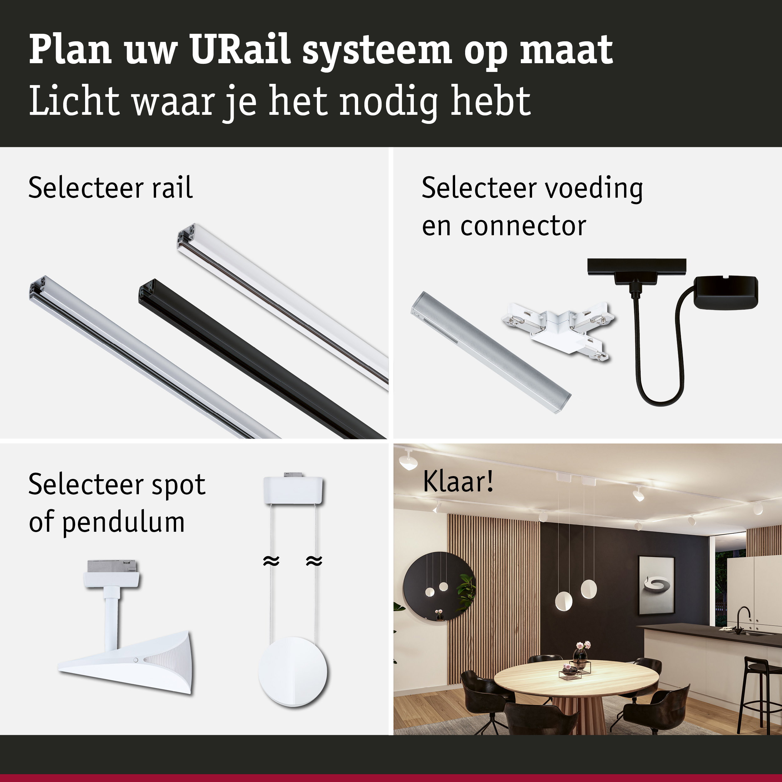 Modulair URail railsysteem met witte en zwarte rails, connectoren en spots voor flexibele verlichting