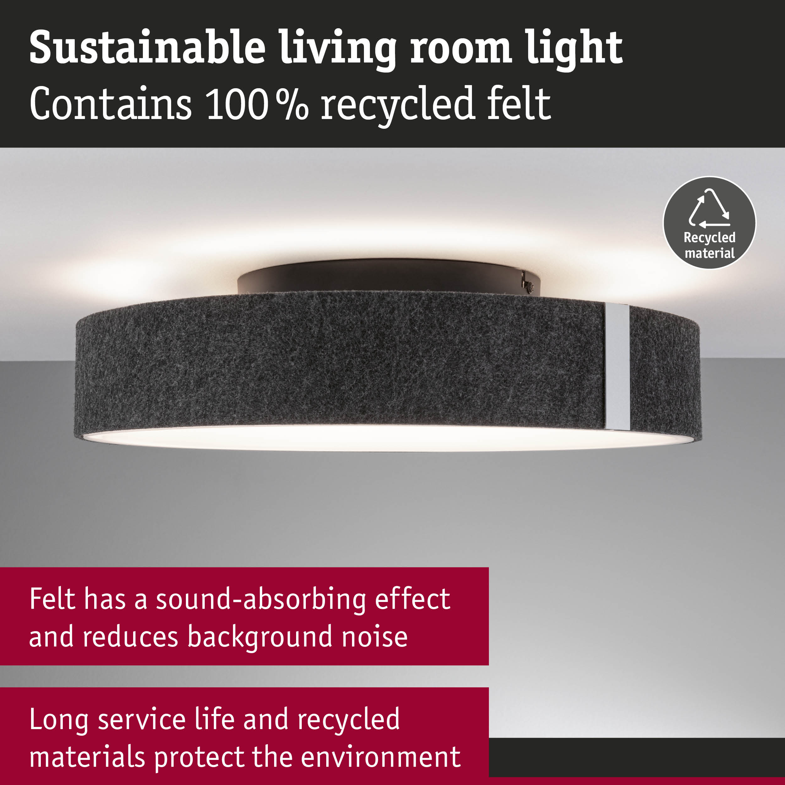 Sustainable dark grey felt living room ceiling light made from 100% recycled material with sound-absorbing effect