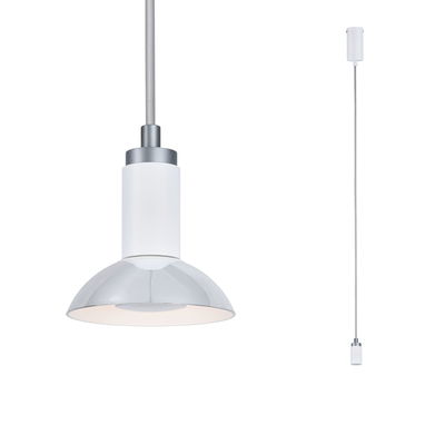 Modern pendant light with white plastic and chrome metal for stylish room lighting