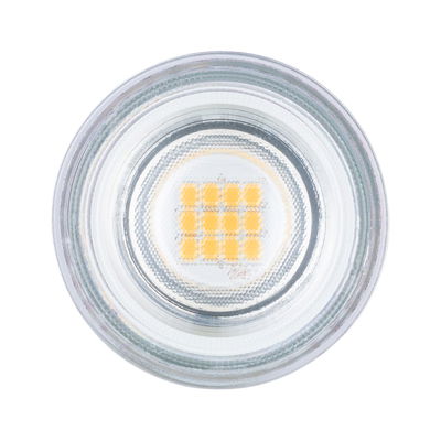 Round LED light bulb with clear glass and yellow diodes, energy-efficient lighting solution