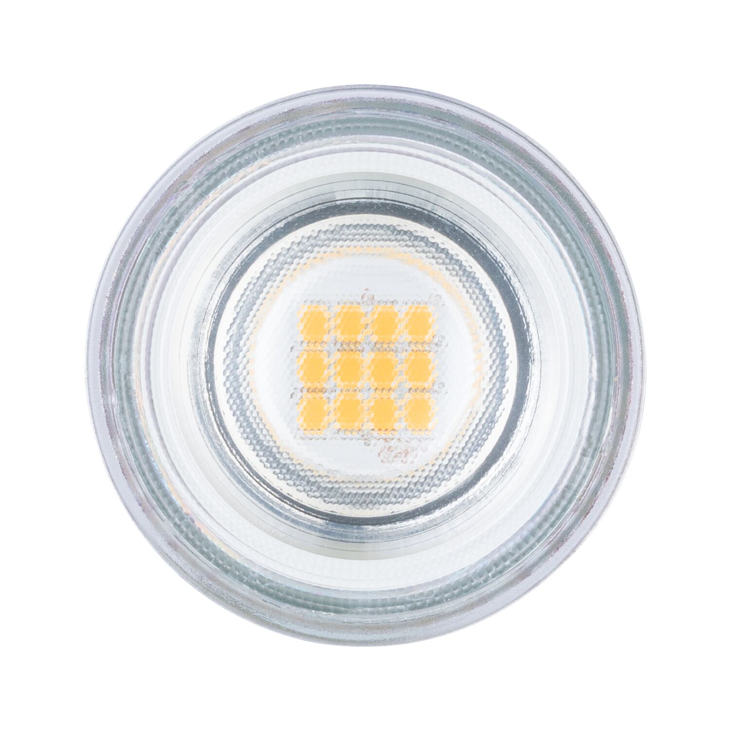 Round LED light bulb with clear glass and yellow diodes, energy-efficient lighting solution