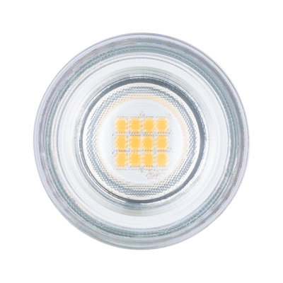 Round LED light bulb with clear glass and yellow diodes, energy-efficient lighting solution