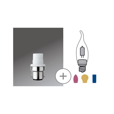 White lamp adapter with metal base and candle bulb icon for LED lighting accessories