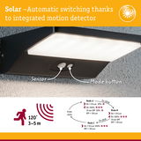 Black solar wall light with integrated motion sensor and automatic switching for outdoor use