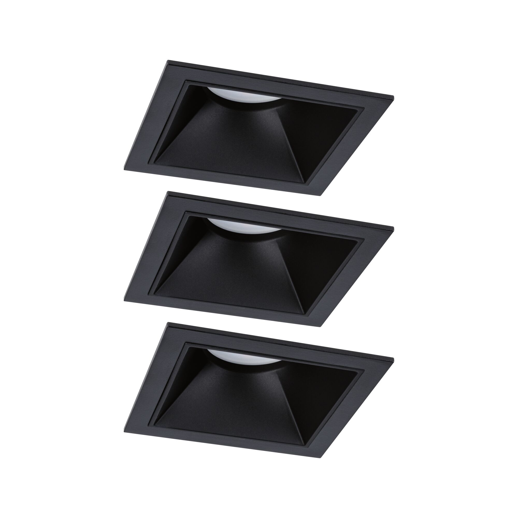 Three black square metal recessed lights for modern LED ceiling lighting