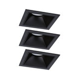 Three black square metal recessed lights for modern LED ceiling lighting
