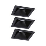 Three black square metal recessed lights for modern LED ceiling lighting