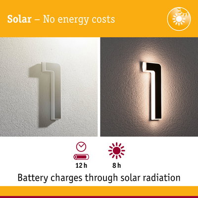Solar-powered wall light shaped as number 1 in white and black with energy-saving LED illumination